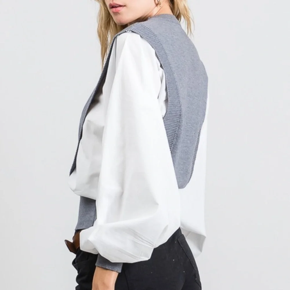 White Ballon Sleeves Top w/Vest - Picture 4 of 5